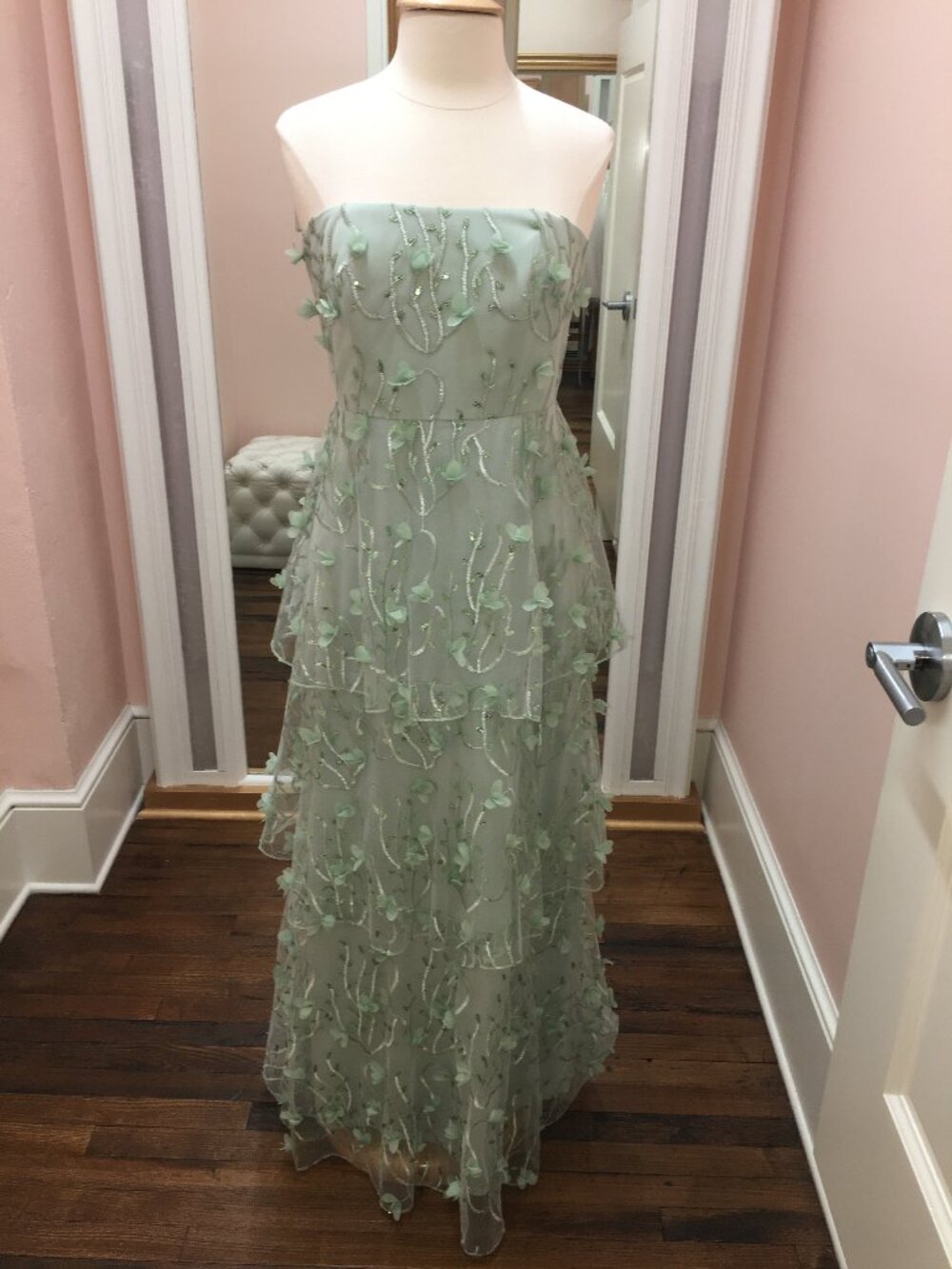 Dessy Green Strapless 3D Embroidered Floral Bridesmaid Formal Tiered Ruffle - Picture 4 of 9